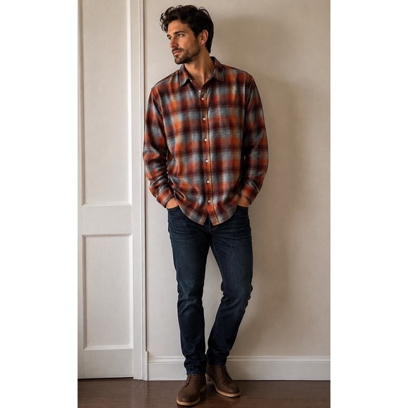 Outerknown Other - Outerknown Shirt Mens Medium Rust Orange Blue Gray Plaid Casual Surf Linen